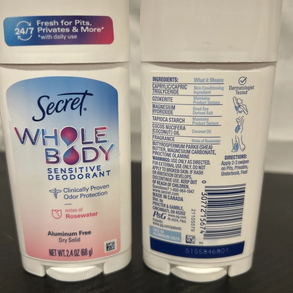 LOT (2) SECRET WHOLE BODY ROSEWATER SENSITIVE DEODORANT‎ DRY SOLID 2.4 OZ